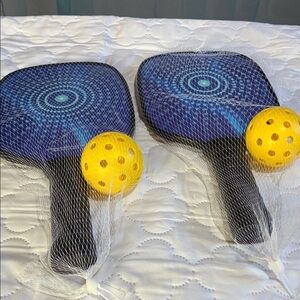 Blue and Black Pickleball Paddle Set with Yellow Balls